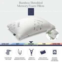 Ella Jayne Shredded Bamboo Memory Foam Pillow, Adjustable Density, With Extra Fill And Carry Pouch - Standard/Queen