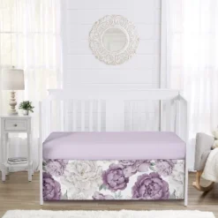 Sweet Jojo Designs Girl Baby Crib Bed Skirt Peony Floral Garden Purple And Ivory