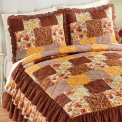 Collections Etc Autumn Patchwork Ruffled Edge Pillow Sham Gender Neutral
