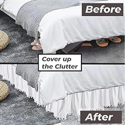 Legacy Decor Queen/King Bed Skirt Dust Ruffle With Pom-Pom Fringe 100% Brushed Microfiber With 14" Drop White Color 3 Legacy Decor Queen/King Bed Skirt Dust Ruffle With Pom-Pom Fringe 100% Brushed Microfiber With 14" Drop White Color