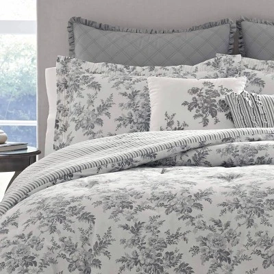 Laura Ashley Annalise Floral 100% Cotton Duvet Cover Bonus Set Gray 3 Laura Ashley Annalise Floral 100% Cotton Duvet Cover Bonus Set Gray