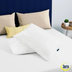 Serta Standard/Queen 2pk Won't Go Flat Pillows White: 300 Thread Count, Cotton Cover, Soft Polyester Fill -Comforters Store GUEST cebdf16c eb93 4d30 a1af 9778df2b202e