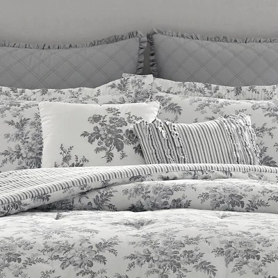 Laura Ashley Annalise Floral 100% Cotton Duvet Cover Bonus Set Gray 4 Laura Ashley Annalise Floral 100% Cotton Duvet Cover Bonus Set Gray - Image 2